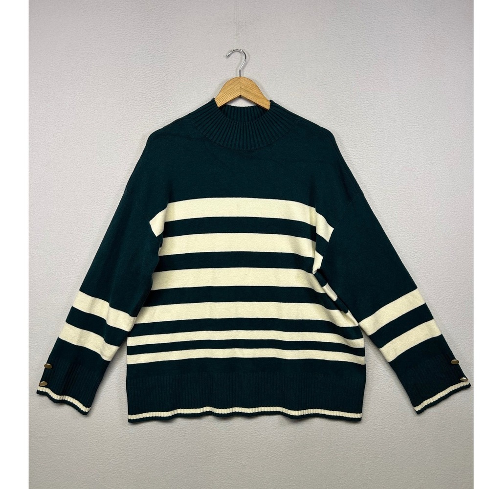 Nautical Preppy 41 Hawthorn Women 2X Green White Striped Mock Neck Sweater